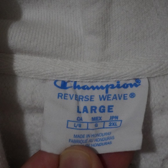 Champion Reverse Weave Hoodie Sweatshirt Blue‎ Yellow Logo White Mens Large - Picture 8 of 9